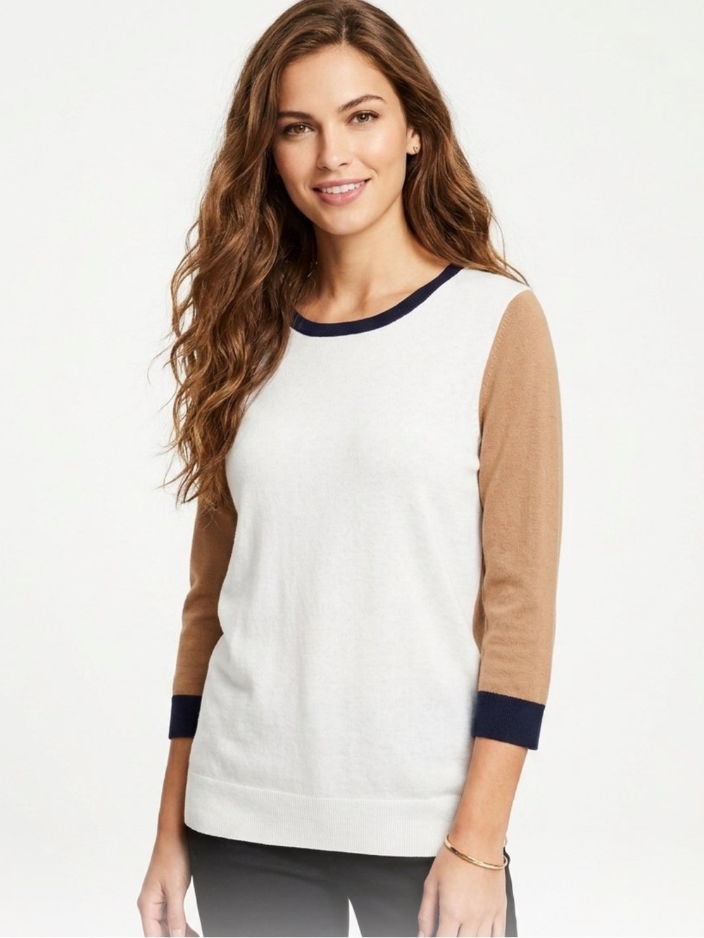 LOFT Cream Crew Neck Sweater with Black Trim